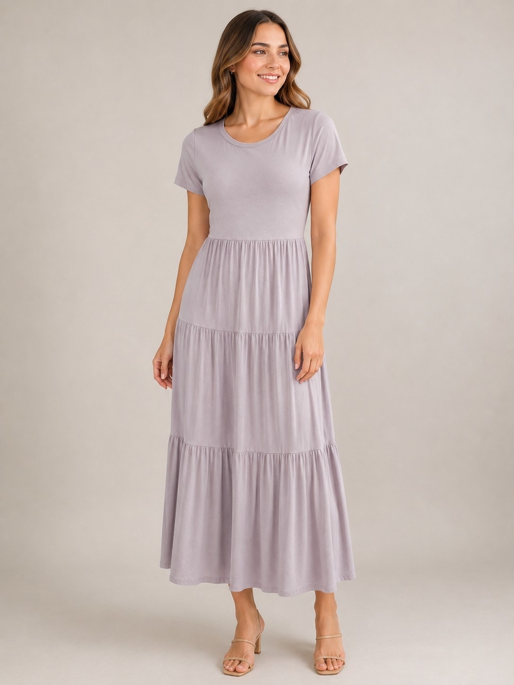 Short Sleeve Tiered Maxi Dress Size Medium Neutral Beige Casual Summer Knit